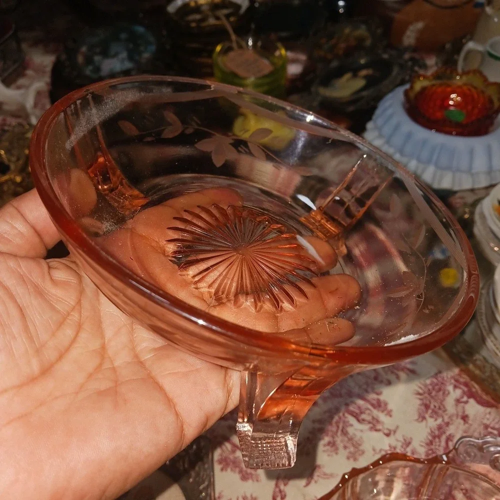 PINK Depression Glass Tri Footed Bowl Candy Dish w/ Etched Flowers